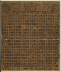 27568 Afbeelding van een wapenkaart van de aanzienlijke Utrechtse geslachten, opgedragen aan de burgemeesters Hendrick ...